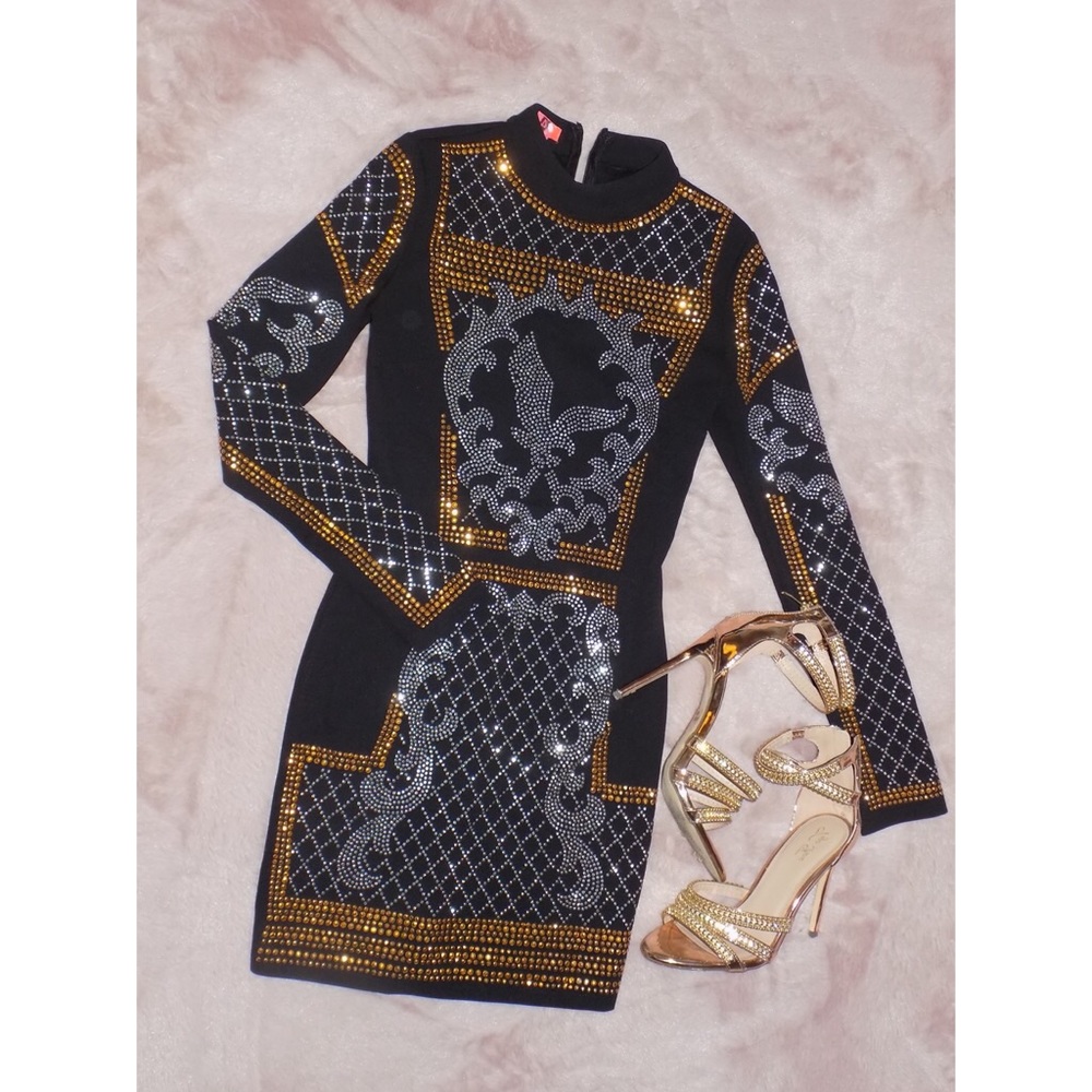 Black/Gold Long Sleeve BodyCon Dress